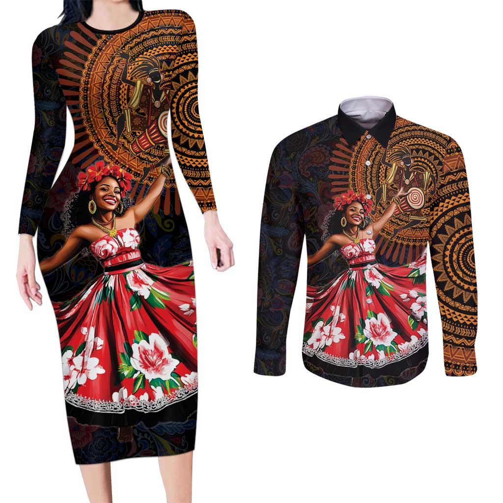 Sega Traditional Dance Couples Matching Long Sleeve Bodycon Dress and Long Sleeve Button Shirt Paisley Mix African Pattern