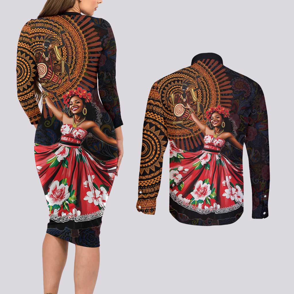 Sega Traditional Dance Couples Matching Long Sleeve Bodycon Dress and Long Sleeve Button Shirt Paisley Mix African Pattern