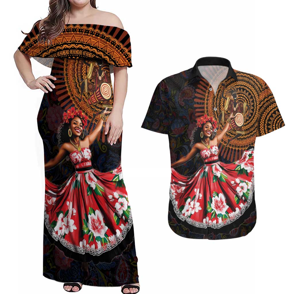 Sega Traditional Dance Couples Matching Off Shoulder Maxi Dress and Hawaiian Shirt Paisley Mix African Pattern