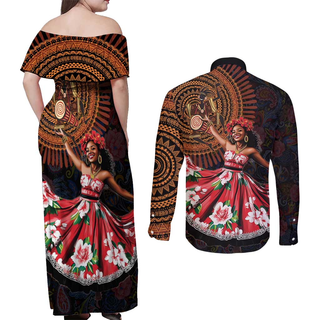 Sega Traditional Dance Couples Matching Off Shoulder Maxi Dress and Long Sleeve Button Shirt Paisley Mix African Pattern