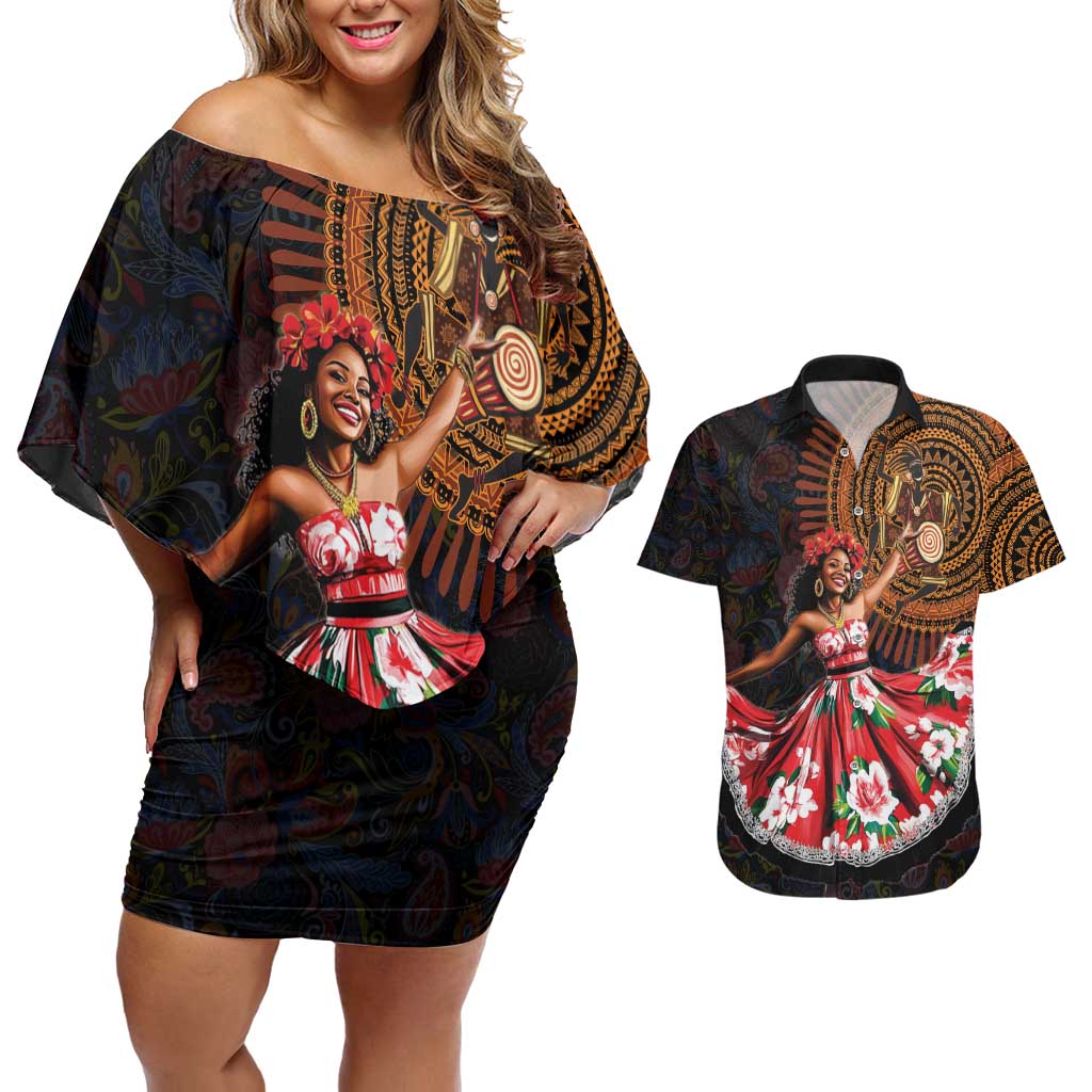 Sega Traditional Dance Couples Matching Off Shoulder Short Dress and Hawaiian Shirt Paisley Mix African Pattern