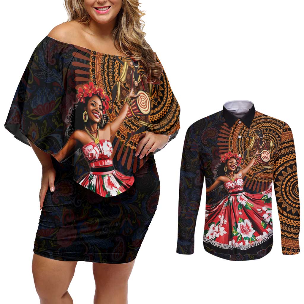 Sega Traditional Dance Couples Matching Off Shoulder Short Dress and Long Sleeve Button Shirt Paisley Mix African Pattern
