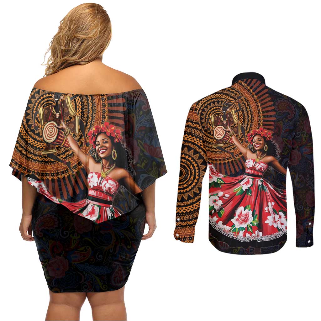 Sega Traditional Dance Couples Matching Off Shoulder Short Dress and Long Sleeve Button Shirt Paisley Mix African Pattern