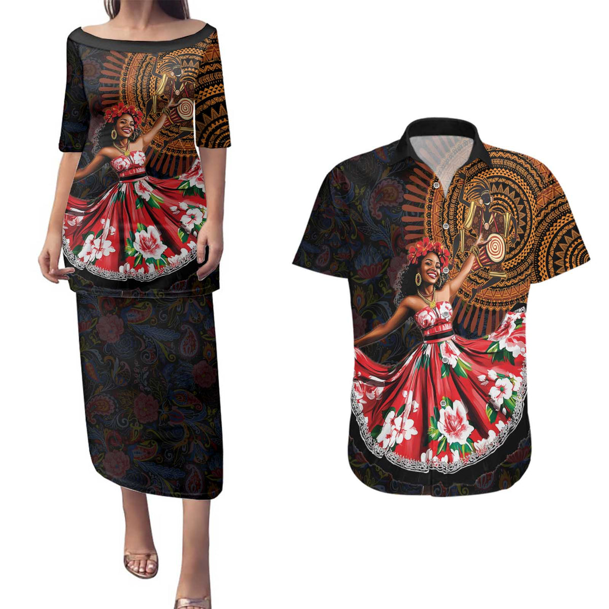 Sega Traditional Dance Couples Matching Puletasi and Hawaiian Shirt Paisley Mix African Pattern