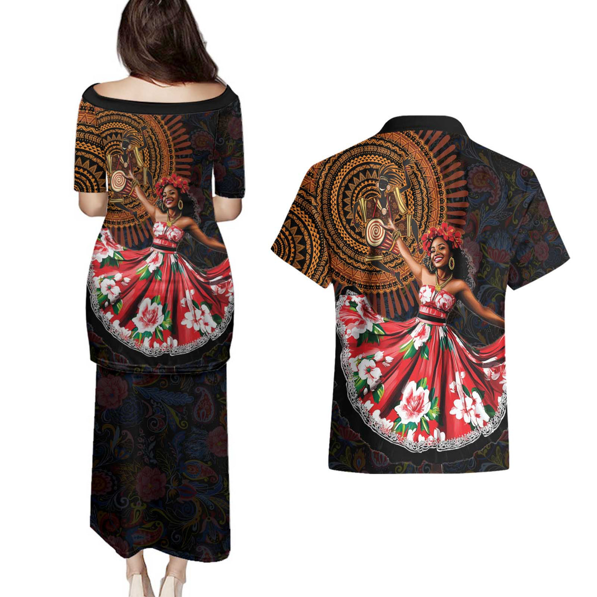 Sega Traditional Dance Couples Matching Puletasi and Hawaiian Shirt Paisley Mix African Pattern