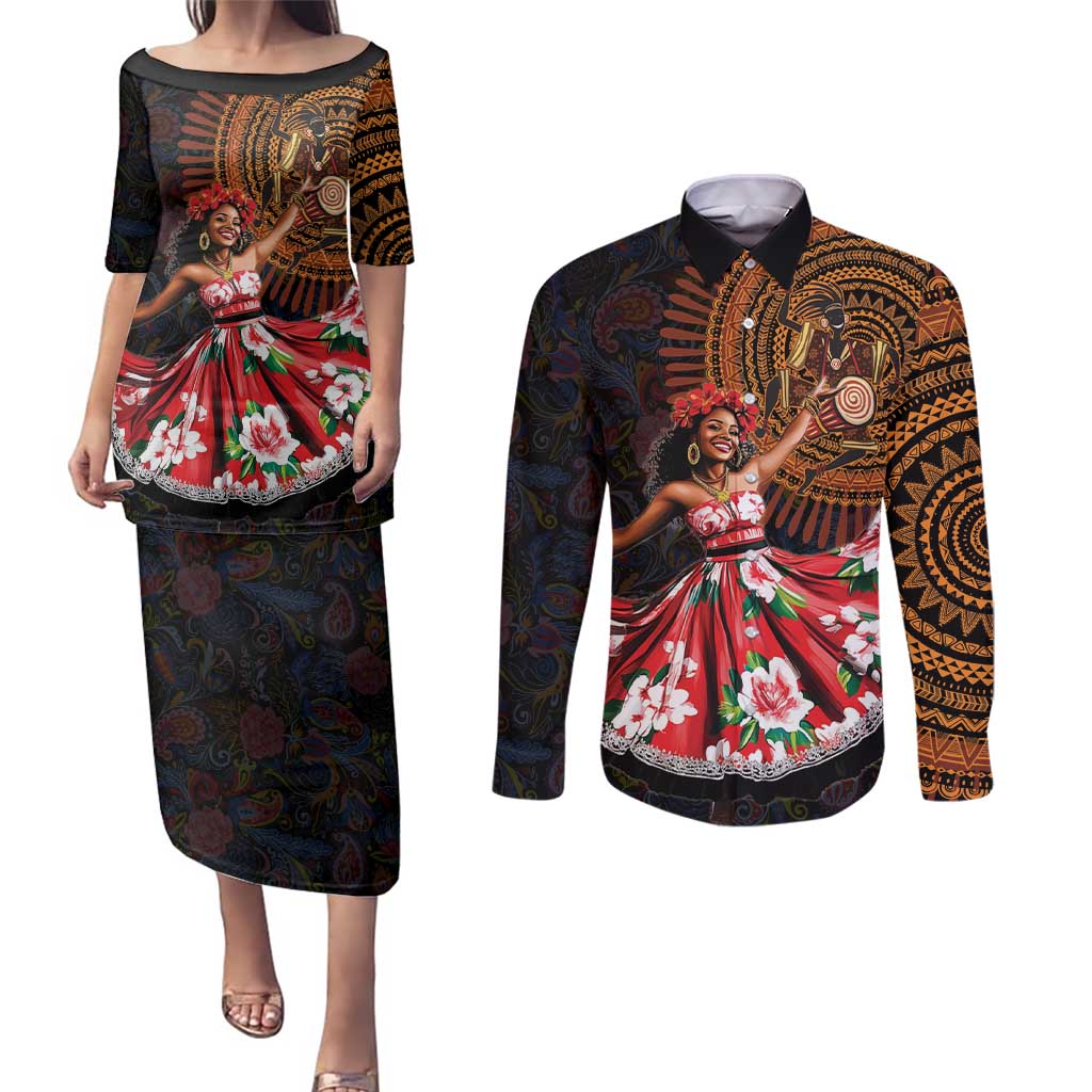 Sega Traditional Dance Couples Matching Puletasi and Long Sleeve Button Shirt Paisley Mix African Pattern