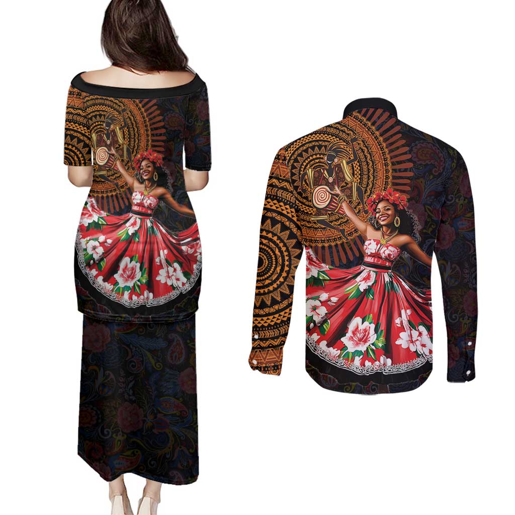 Sega Traditional Dance Couples Matching Puletasi and Long Sleeve Button Shirt Paisley Mix African Pattern