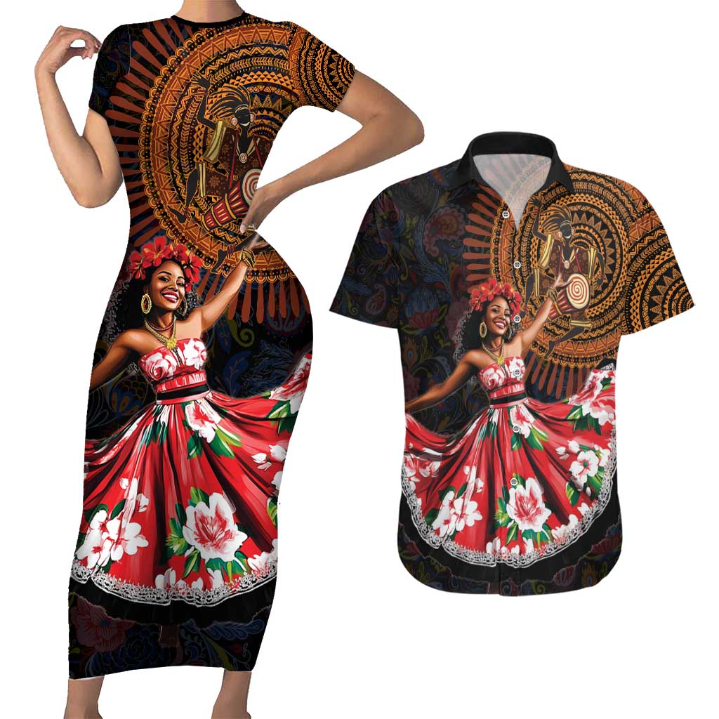 Sega Traditional Dance Couples Matching Short Sleeve Bodycon Dress and Hawaiian Shirt Paisley Mix African Pattern