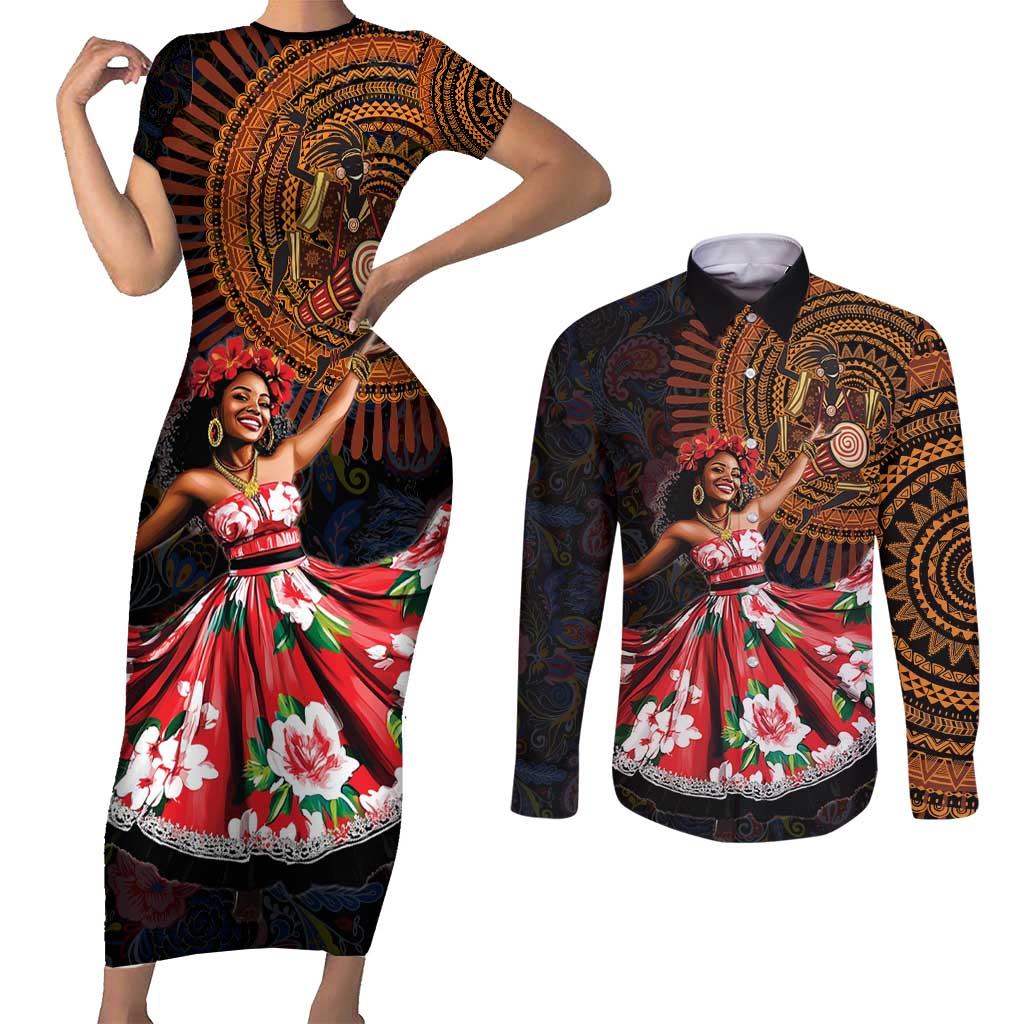 Sega Traditional Dance Couples Matching Short Sleeve Bodycon Dress and Long Sleeve Button Shirt Paisley Mix African Pattern