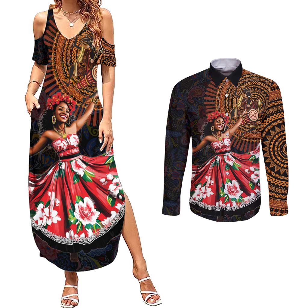Sega Traditional Dance Couples Matching Summer Maxi Dress and Long Sleeve Button Shirt Paisley Mix African Pattern