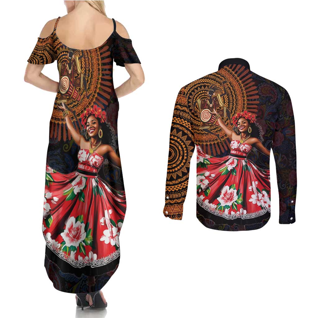 Sega Traditional Dance Couples Matching Summer Maxi Dress and Long Sleeve Button Shirt Paisley Mix African Pattern