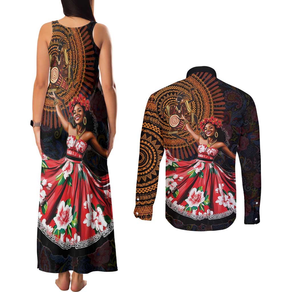 Sega Traditional Dance Couples Matching Tank Maxi Dress and Long Sleeve Button Shirt Paisley Mix African Pattern