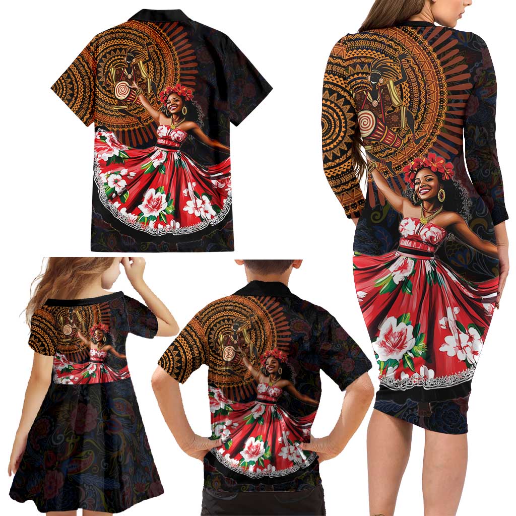 Sega Traditional Dance Family Matching Long Sleeve Bodycon Dress and Hawaiian Shirt Paisley Mix African Pattern