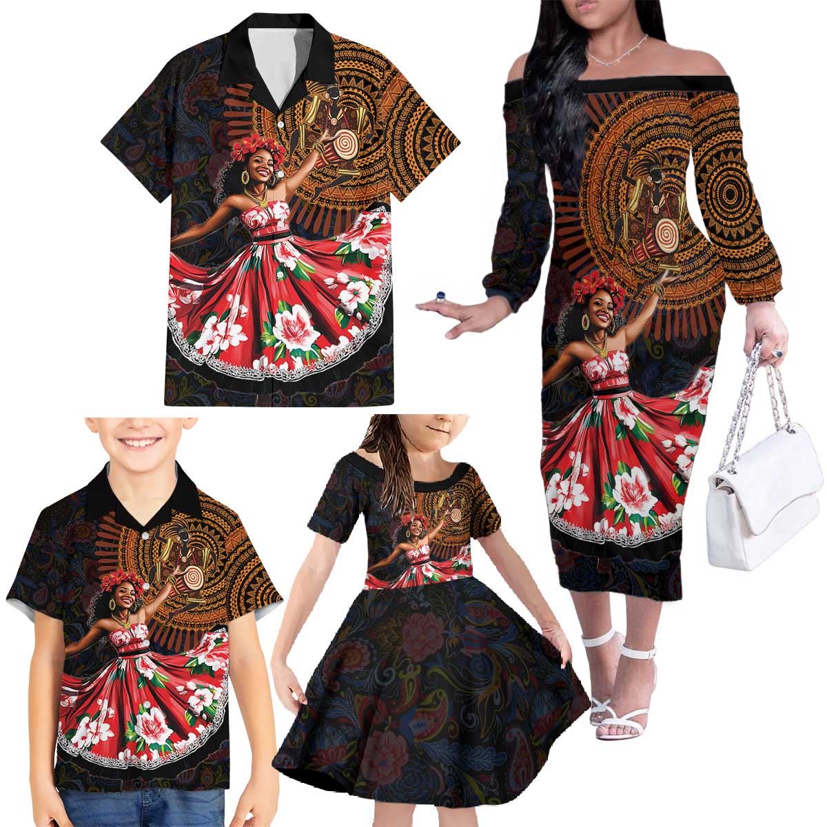 Sega Traditional Dance Family Matching Off The Shoulder Long Sleeve Dress and Hawaiian Shirt Paisley Mix African Pattern