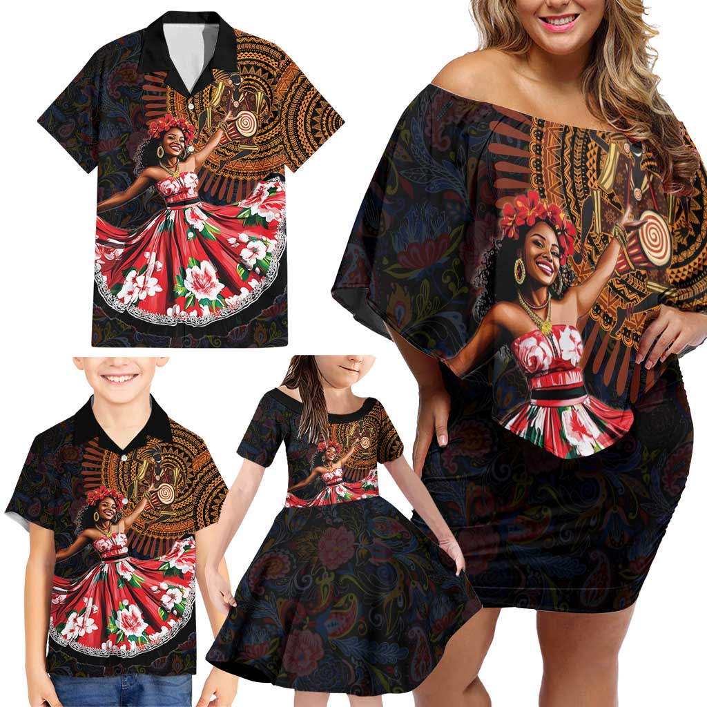 Sega Traditional Dance Family Matching Off Shoulder Short Dress and Hawaiian Shirt Paisley Mix African Pattern
