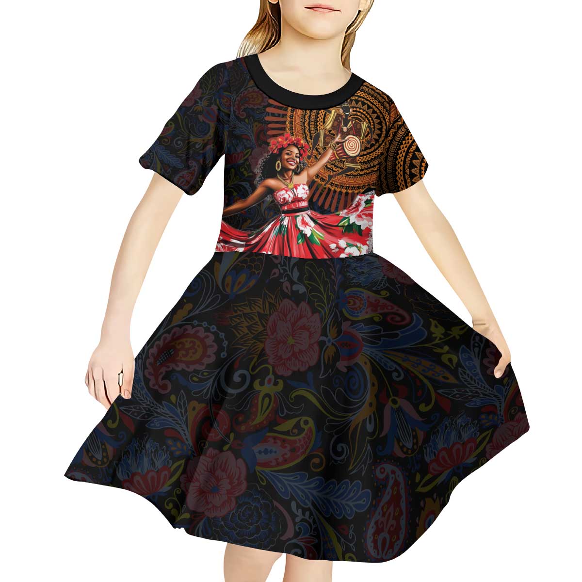 Sega Traditional Dance Kid Short Sleeve Dress Paisley Mix African Pattern