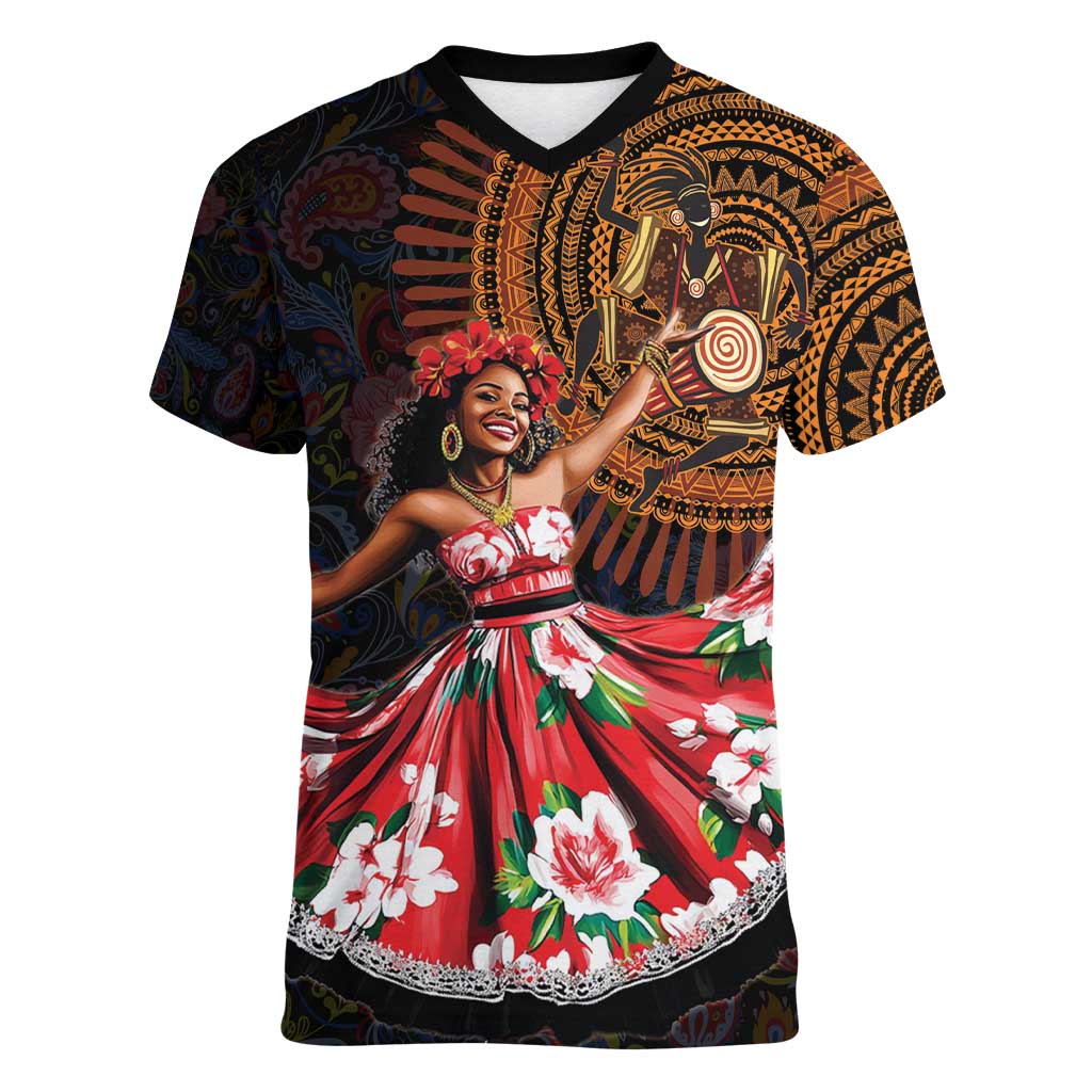 Sega Traditional Dance Women V-Neck T-Shirt Paisley Mix African Pattern - Wonder Print Shop