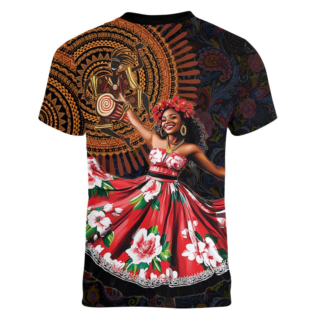 Sega Traditional Dance Women V-Neck T-Shirt Paisley Mix African Pattern - Wonder Print Shop