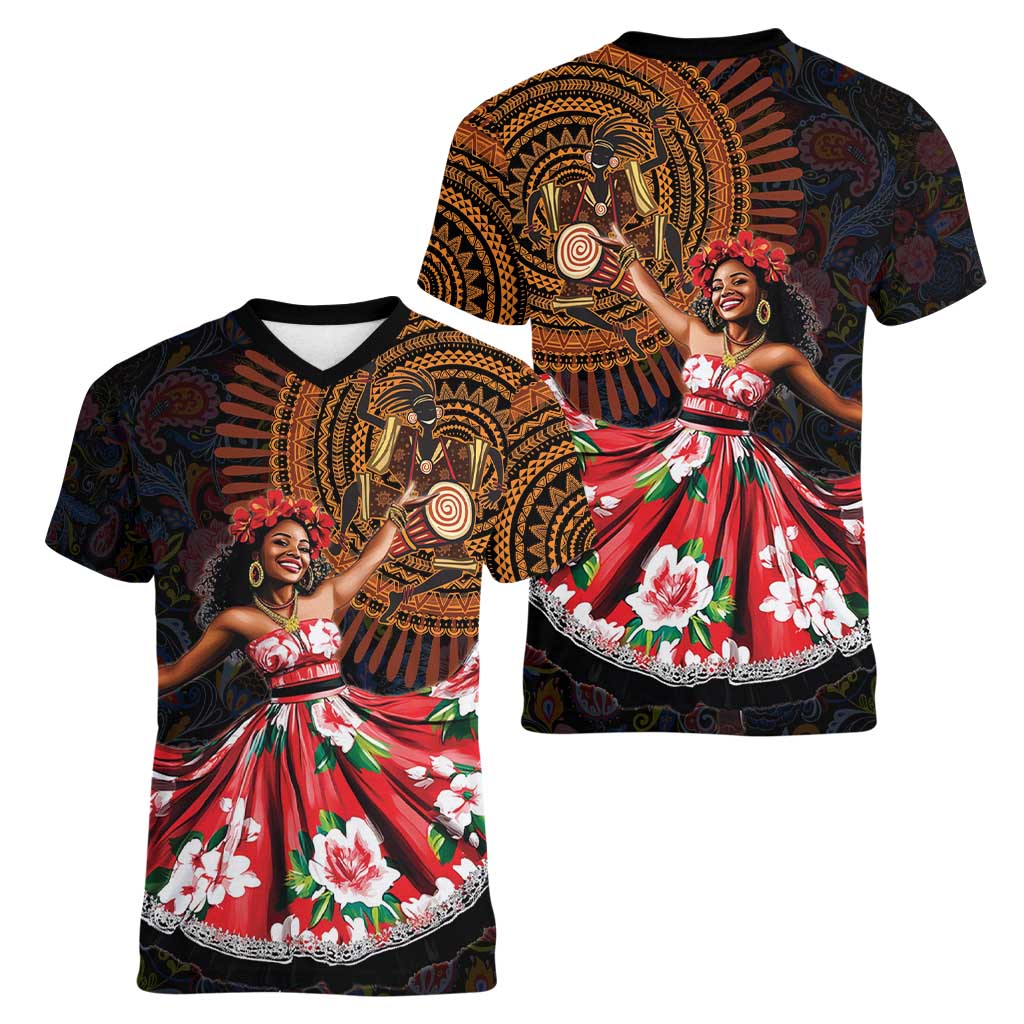 Sega Traditional Dance Women V-Neck T-Shirt Paisley Mix African Pattern - Wonder Print Shop
