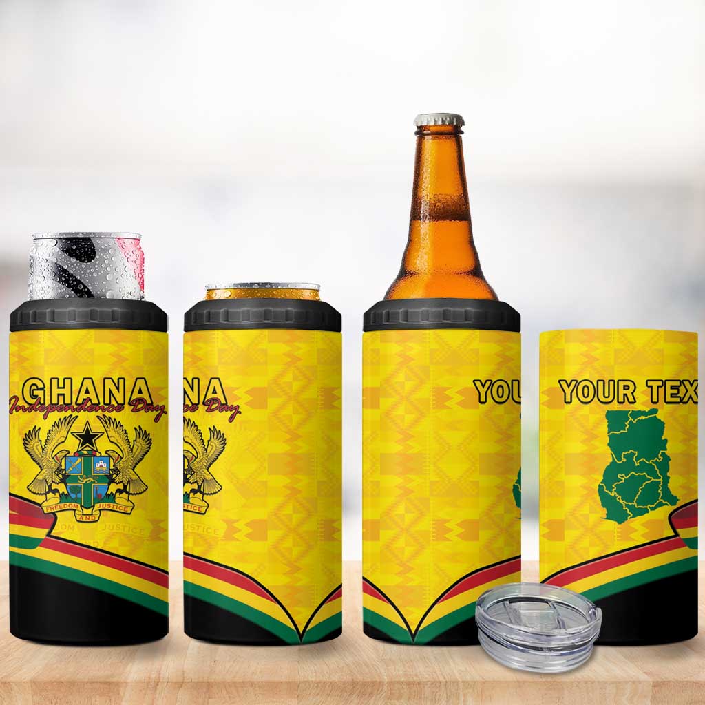 Personalised Ghana Independence Day 4 in 1 Can Cooler Tumbler Coat Of Arms With Kente Pattern