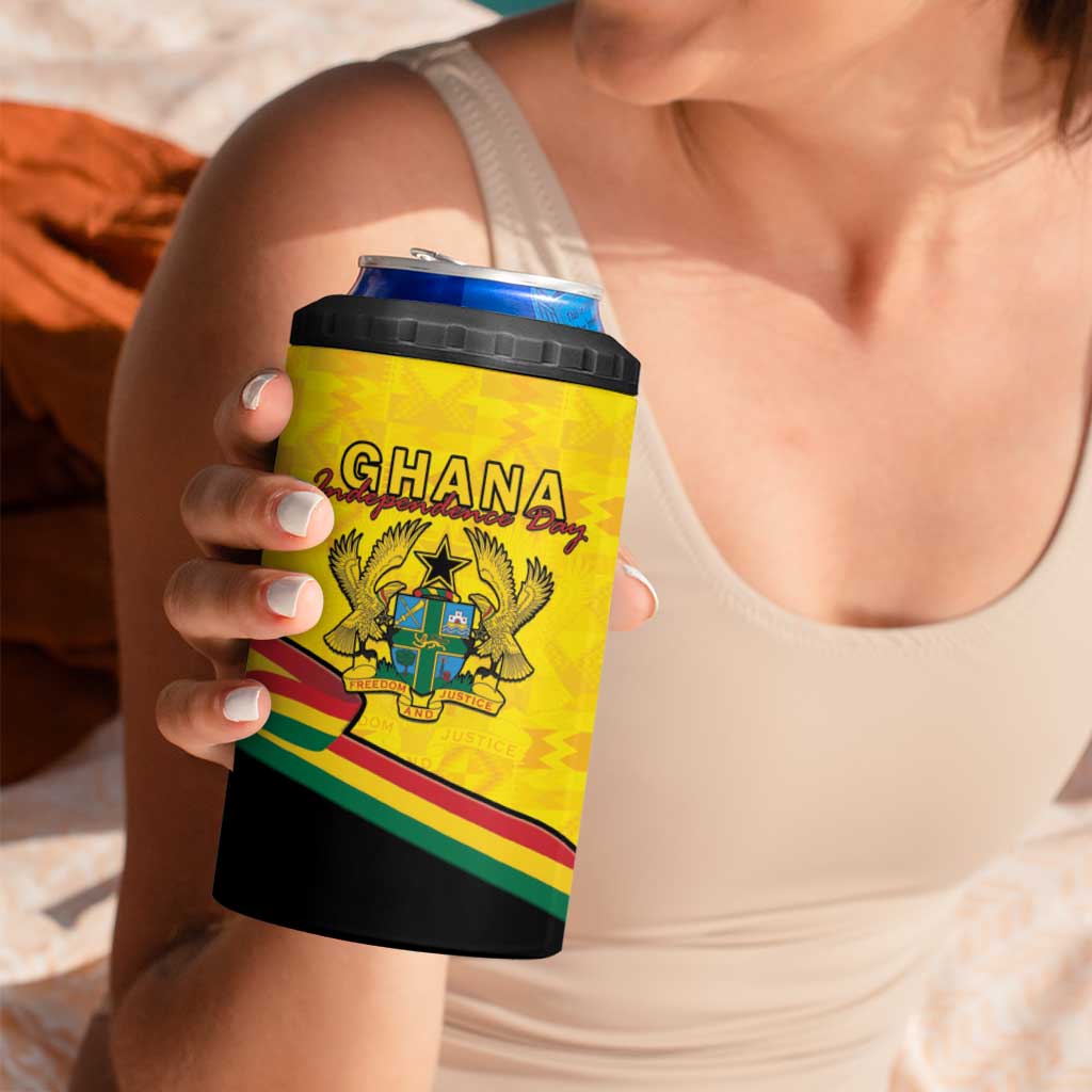 Personalised Ghana Independence Day 4 in 1 Can Cooler Tumbler Coat Of Arms With Kente Pattern