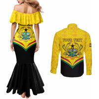Personalised Ghana Independence Day Couples Matching Mermaid Dress and Long Sleeve Button Shirt Coat Of Arms With Kente Pattern
