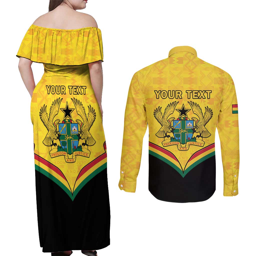 Personalised Ghana Independence Day Couples Matching Off Shoulder Maxi Dress and Long Sleeve Button Shirt Coat Of Arms With Kente Pattern