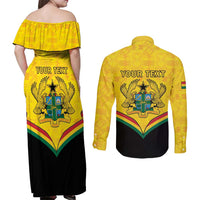 Personalised Ghana Independence Day Couples Matching Off Shoulder Maxi Dress and Long Sleeve Button Shirt Coat Of Arms With Kente Pattern