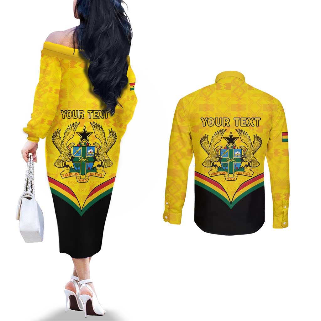 Personalised Ghana Independence Day Couples Matching Off The Shoulder Long Sleeve Dress and Long Sleeve Button Shirt Coat Of Arms With Kente Pattern