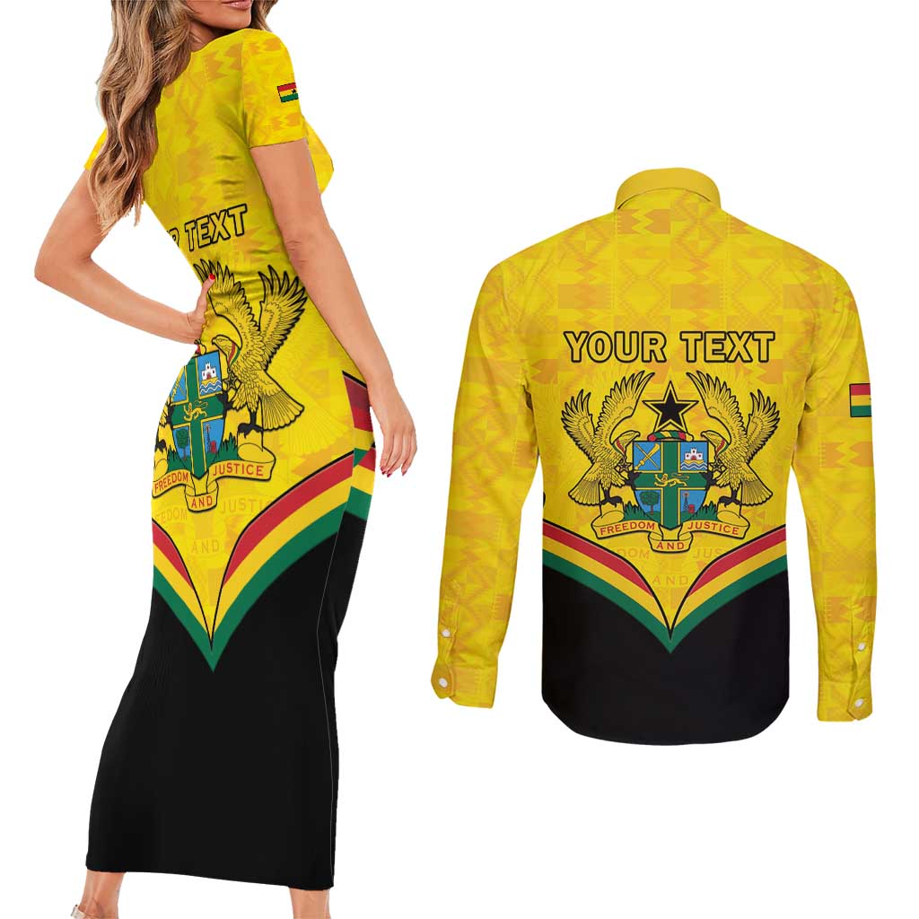 Personalised Ghana Independence Day Couples Matching Short Sleeve Bodycon Dress and Long Sleeve Button Shirt Coat Of Arms With Kente Pattern
