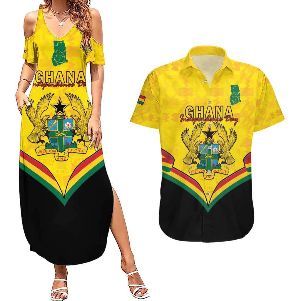 Personalised Ghana Independence Day Couples Matching Summer Maxi Dress and Hawaiian Shirt Coat Of Arms With Kente Pattern