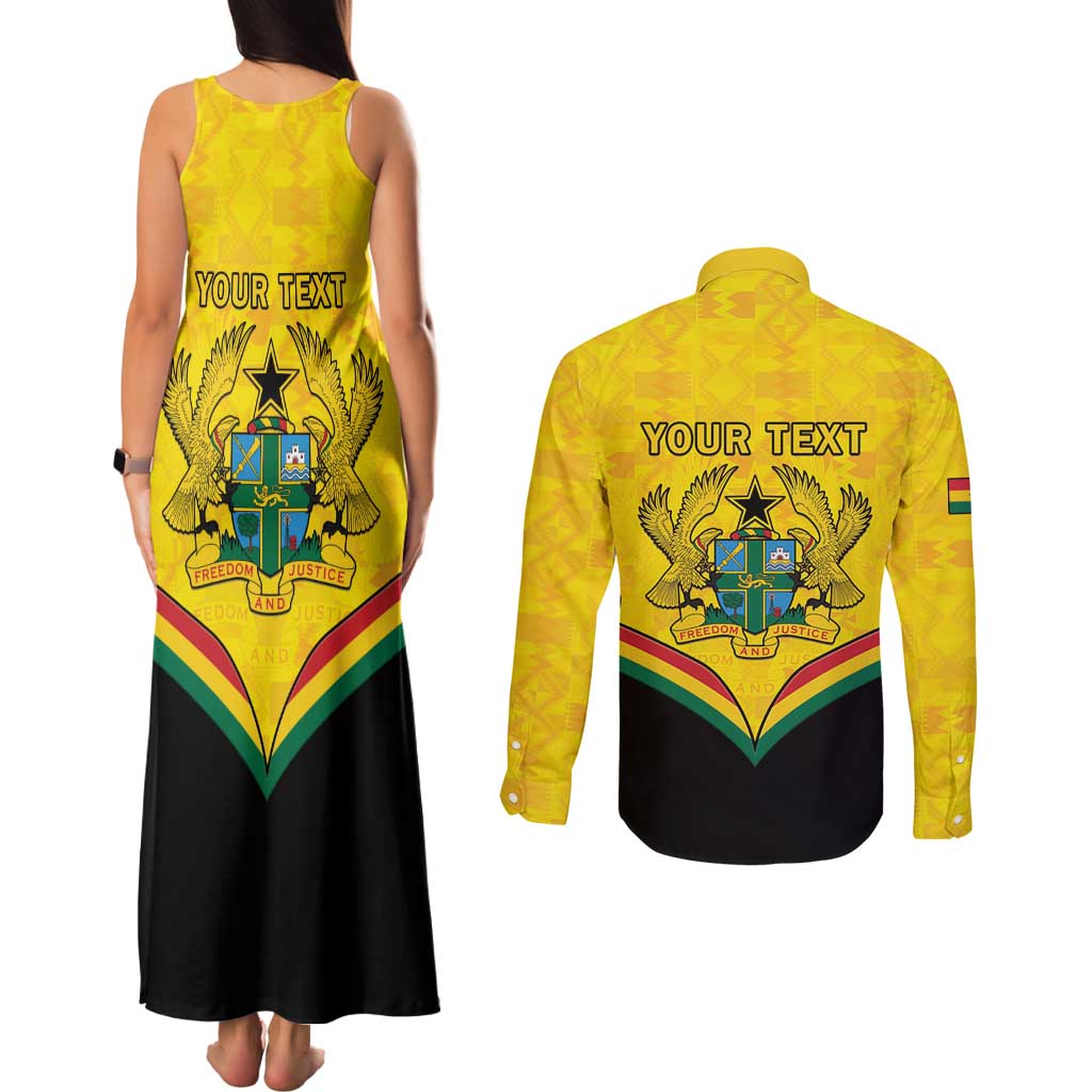 Personalised Ghana Independence Day Couples Matching Tank Maxi Dress and Long Sleeve Button Shirt Coat Of Arms With Kente Pattern