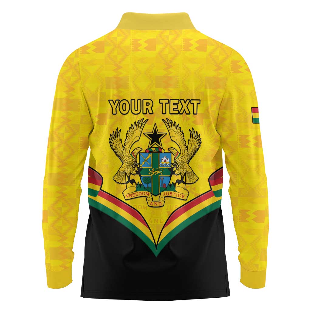 Personalised Ghana Independence Day Long Sleeve Polo Shirt Coat Of Arms With Kente Pattern