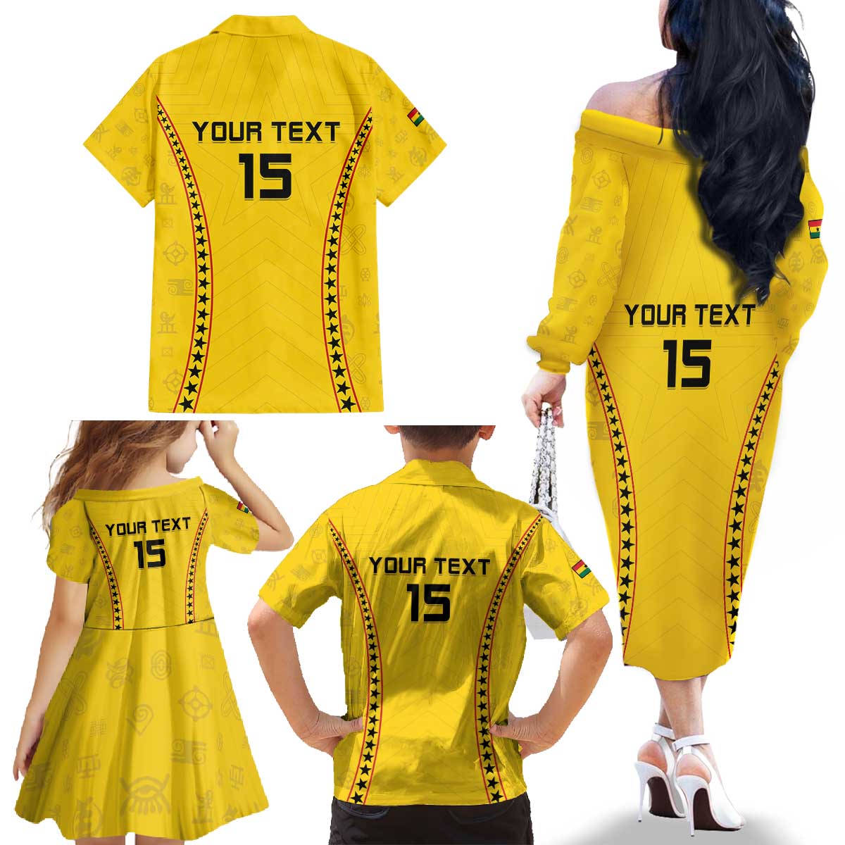 Custom Ghana Football Family Matching Off The Shoulder Long Sleeve Dress and Hawaiian Shirt Go Black Stars