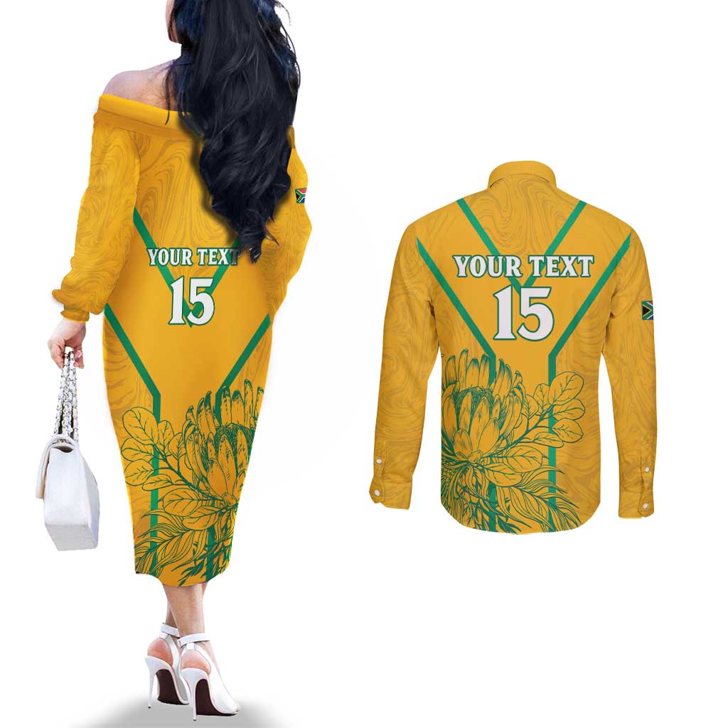 Custom South Africa Soccer Couples Matching Off The Shoulder Long Sleeve Dress and Long Sleeve Button Shirt Go Bafana Bafana