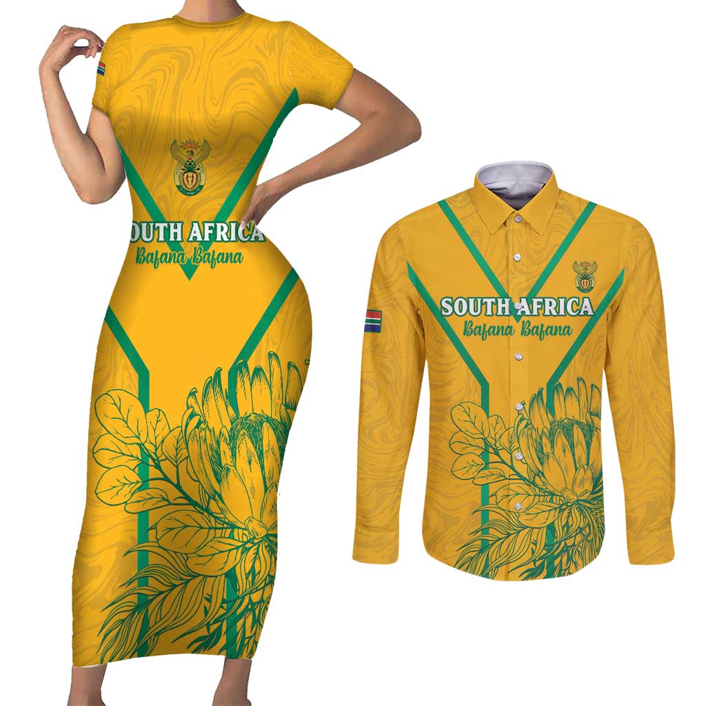 Custom South Africa Soccer Couples Matching Short Sleeve Bodycon Dress and Long Sleeve Button Shirt Go Bafana Bafana
