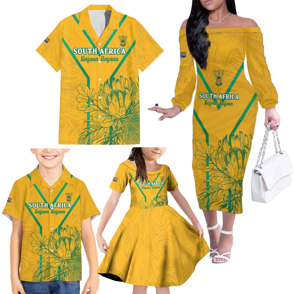 Custom South Africa Soccer Family Matching Off The Shoulder Long Sleeve Dress and Hawaiian Shirt Go Bafana Bafana