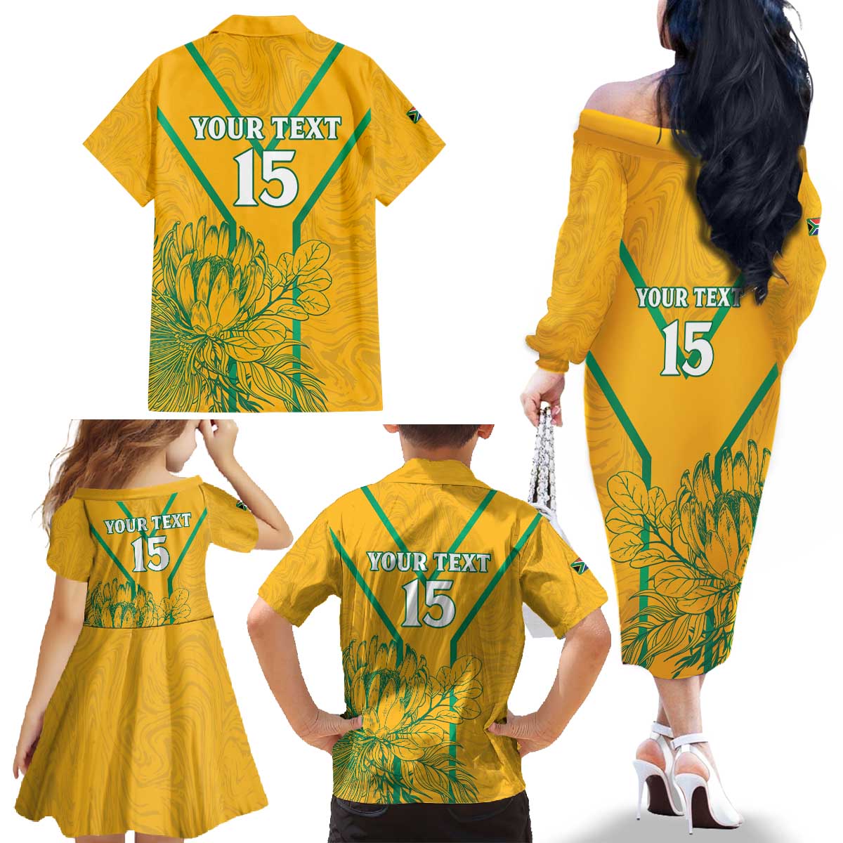 Custom South Africa Soccer Family Matching Off The Shoulder Long Sleeve Dress and Hawaiian Shirt Go Bafana Bafana