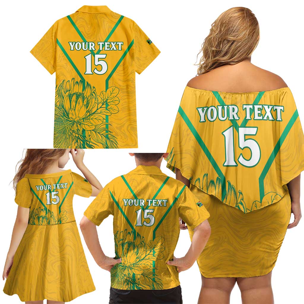 Custom South Africa Soccer Family Matching Off Shoulder Short Dress and Hawaiian Shirt Go Bafana Bafana