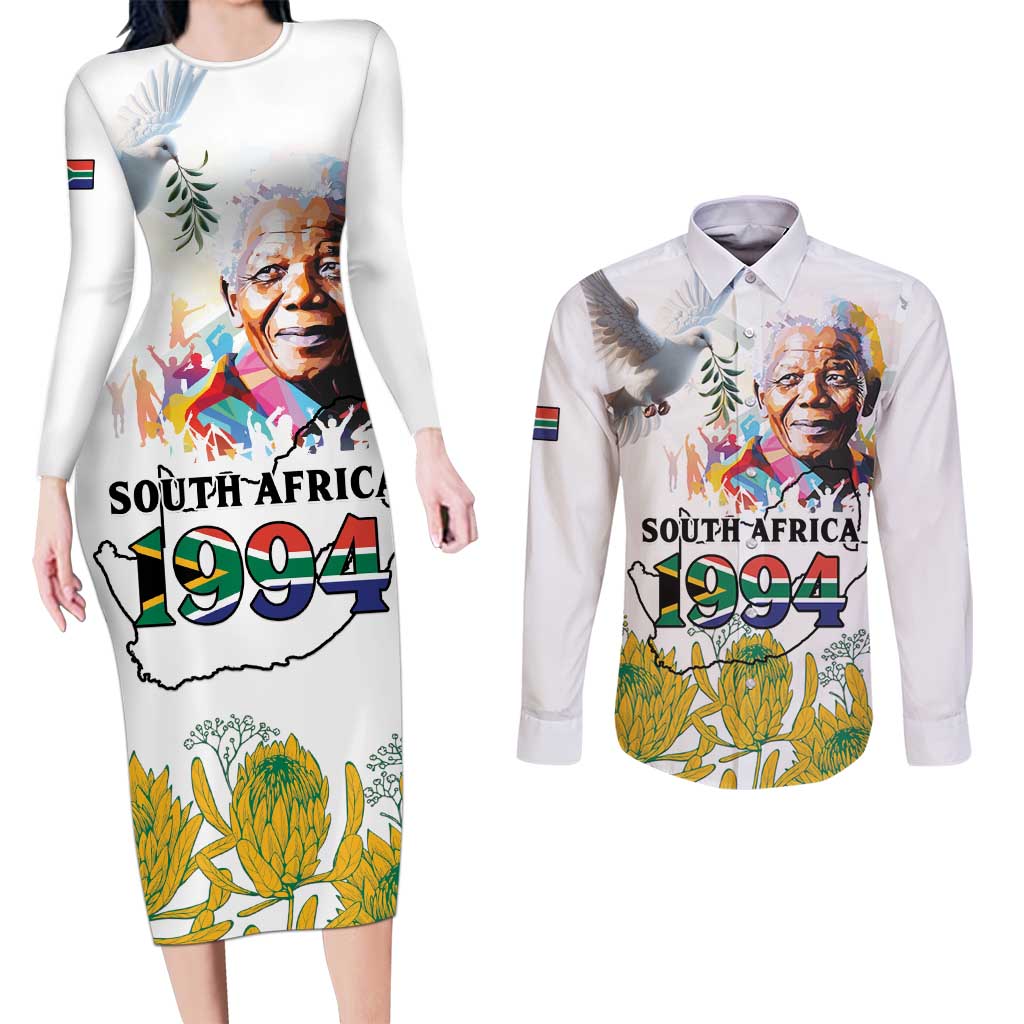 Happy South Africa Freedom Day Couples Matching Long Sleeve Bodycon Dress and Long Sleeve Button Shirt Nelson Mandela With Protea