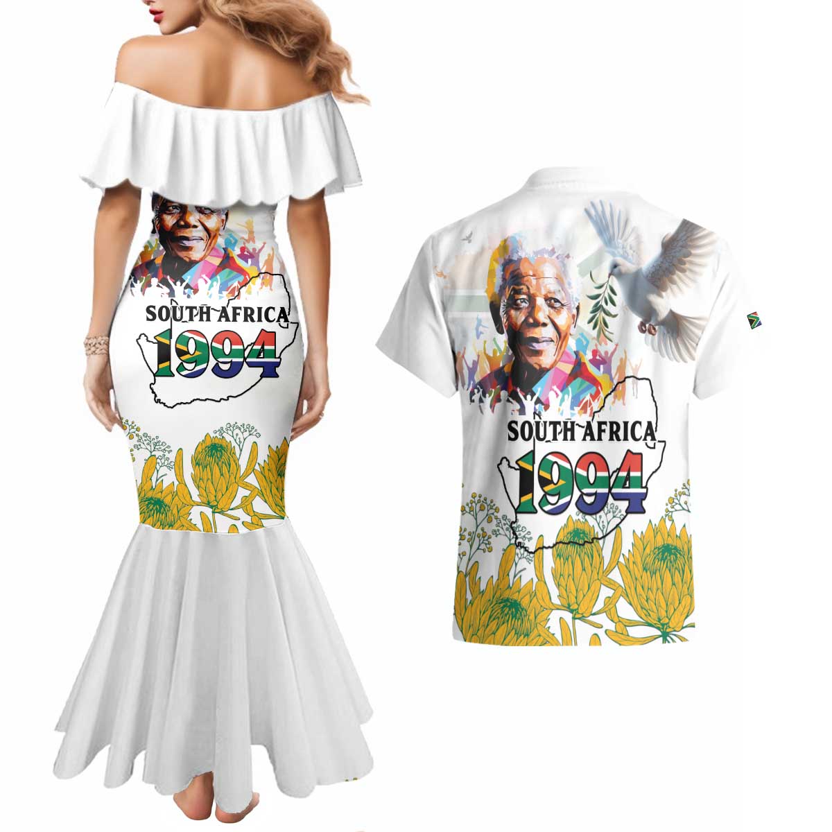 Happy South Africa Freedom Day Couples Matching Mermaid Dress and Hawaiian Shirt Nelson Mandela With Protea