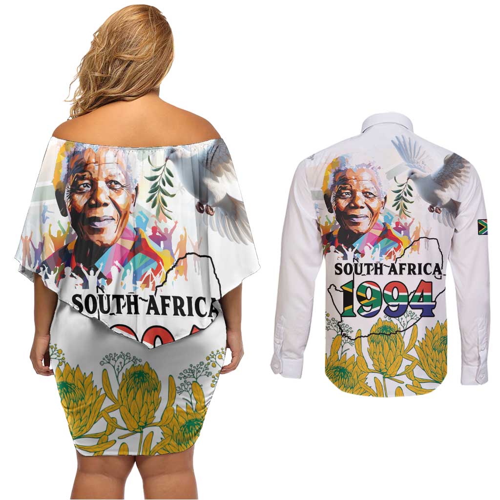 Happy South Africa Freedom Day Couples Matching Off Shoulder Short Dress and Long Sleeve Button Shirt Nelson Mandela With Protea