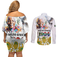 Happy South Africa Freedom Day Couples Matching Off Shoulder Short Dress and Long Sleeve Button Shirt Nelson Mandela With Protea