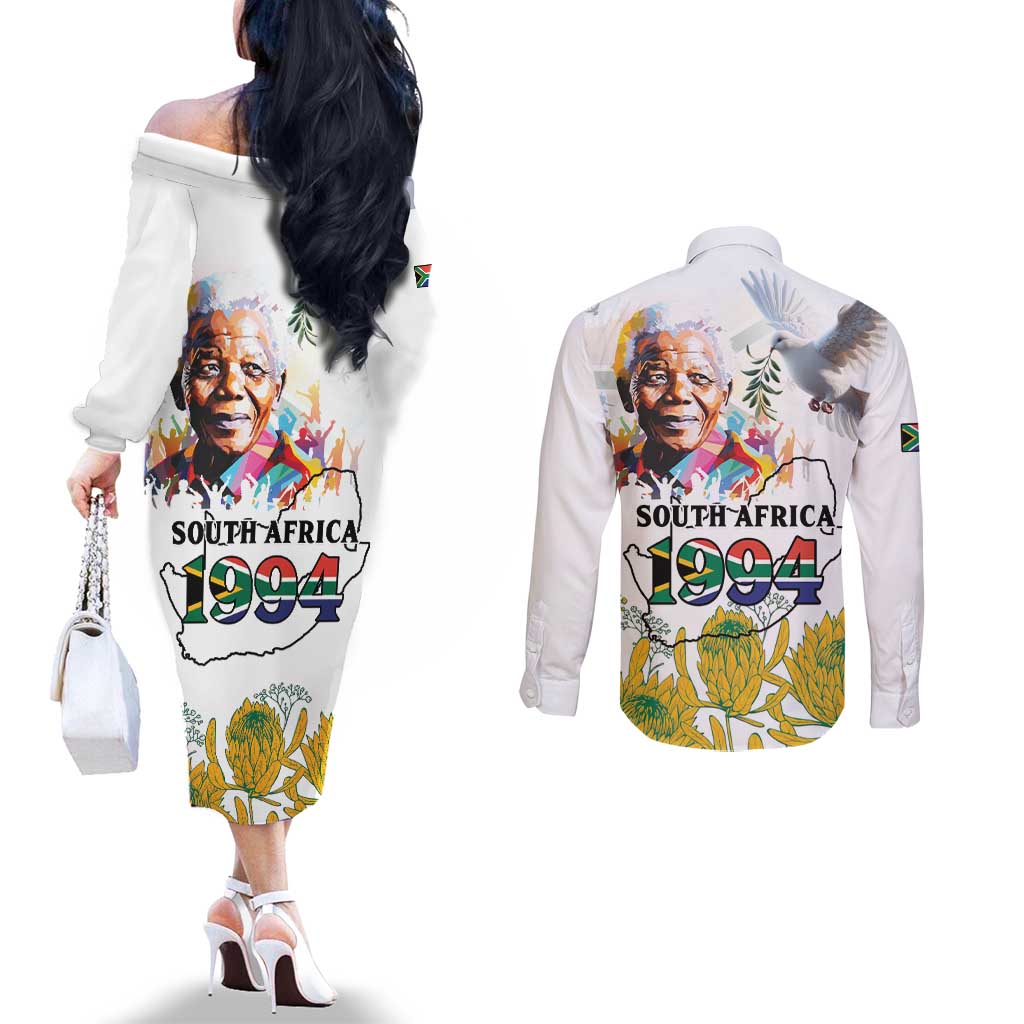 Happy South Africa Freedom Day Couples Matching Off The Shoulder Long Sleeve Dress and Long Sleeve Button Shirt Nelson Mandela With Protea
