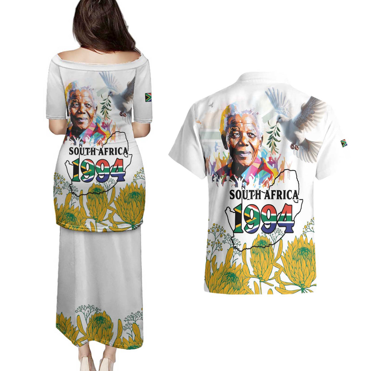 Happy South Africa Freedom Day Couples Matching Puletasi and Hawaiian Shirt Nelson Mandela With Protea