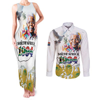 Happy South Africa Freedom Day Couples Matching Tank Maxi Dress and Long Sleeve Button Shirt Nelson Mandela With Protea