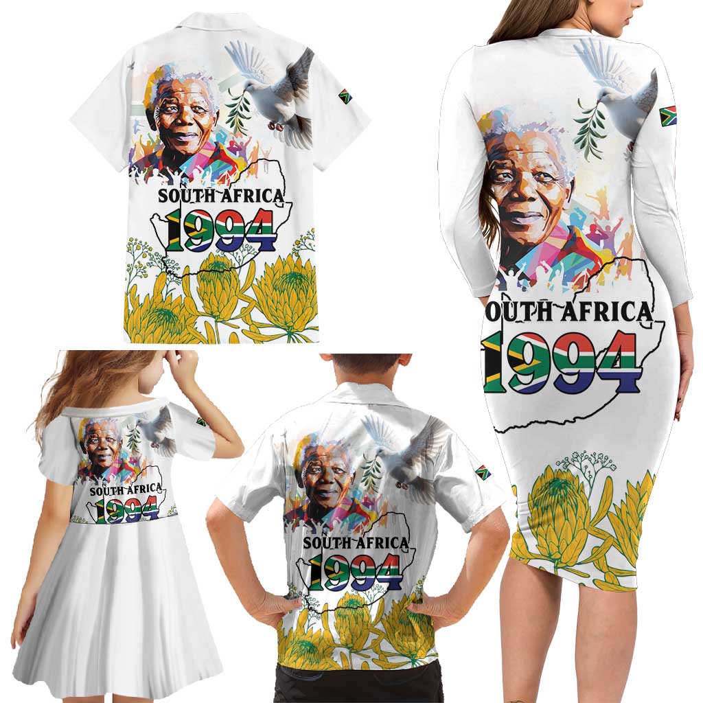 Happy South Africa Freedom Day Family Matching Long Sleeve Bodycon Dress and Hawaiian Shirt Nelson Mandela With Protea