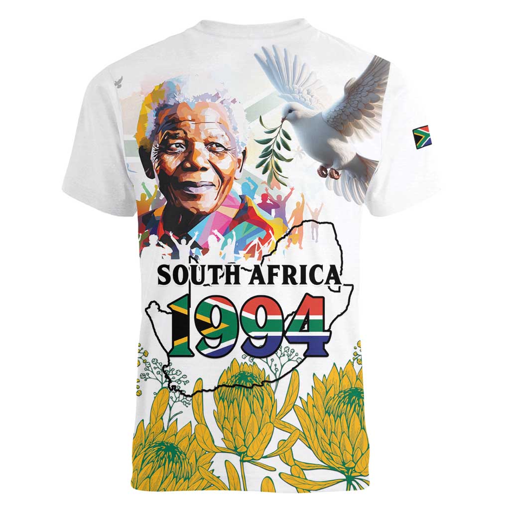Happy South Africa Freedom Day Women V-Neck T-Shirt Nelson Mandela With Protea