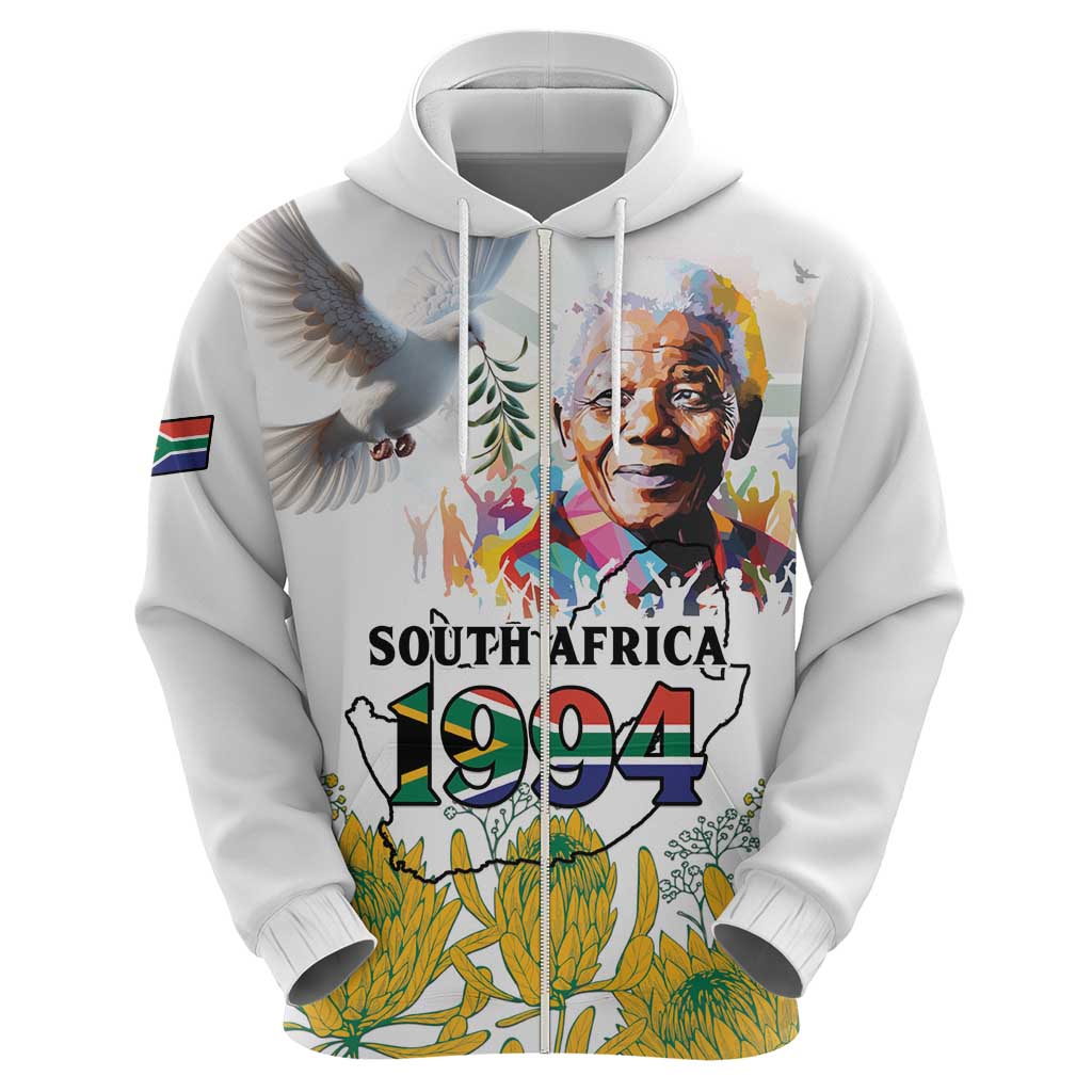 Happy South Africa Freedom Day Zip Hoodie Nelson Mandela With Protea