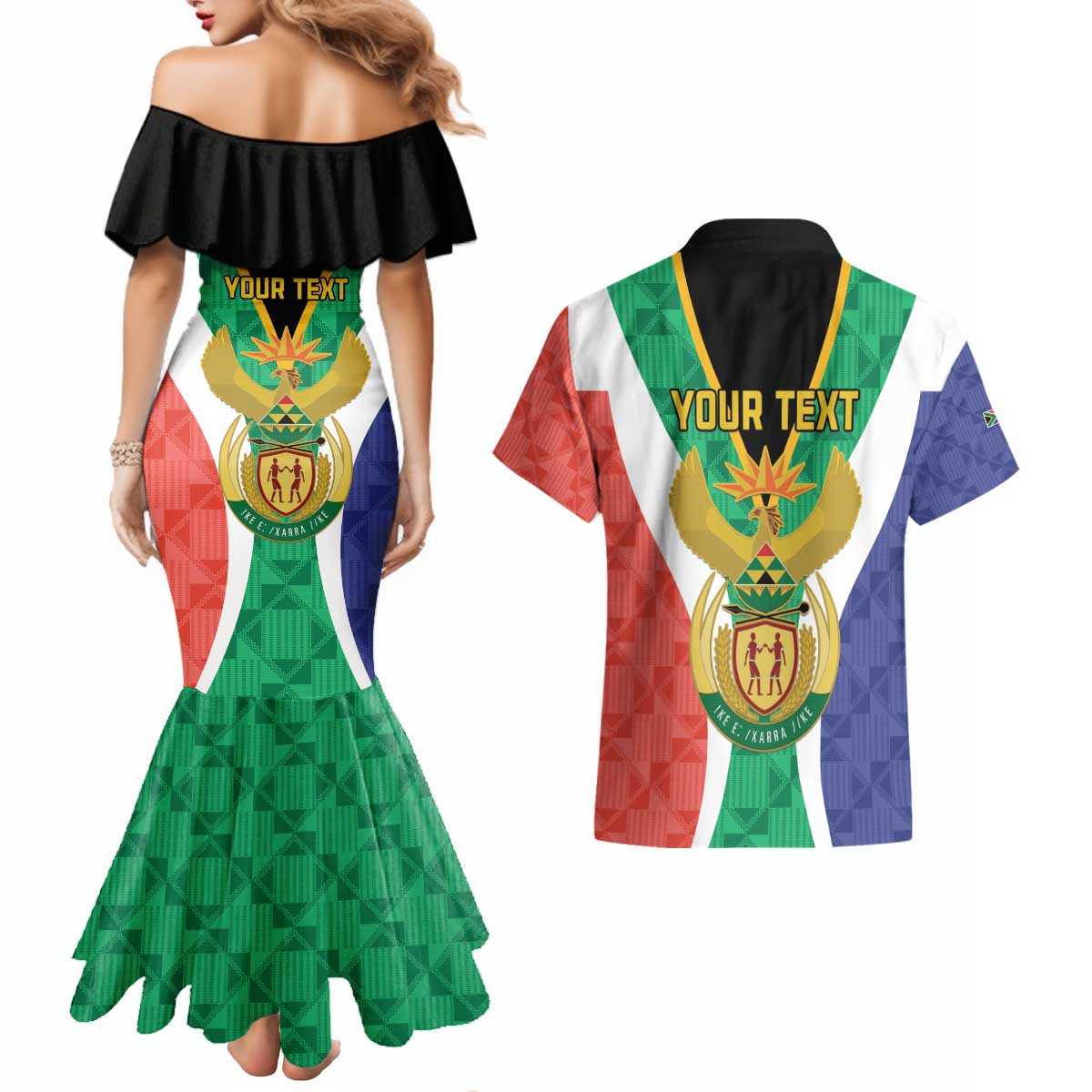 Personalised South Africa Couples Matching Mermaid Dress and Hawaiian Shirt Coat Of Arms Flag Style